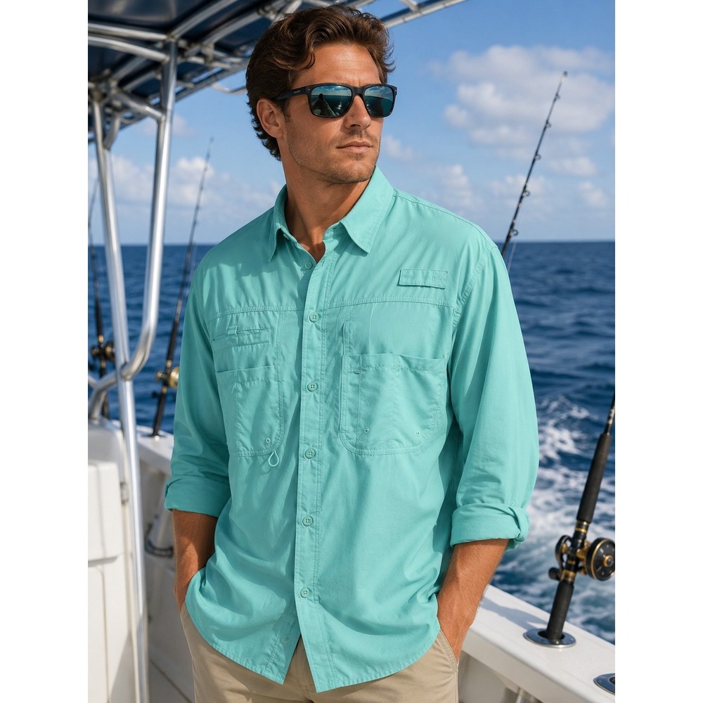 REEL LEGENDS Saltwater Men's Large Vented Long Sleeve Green Fishing Shirt -1074